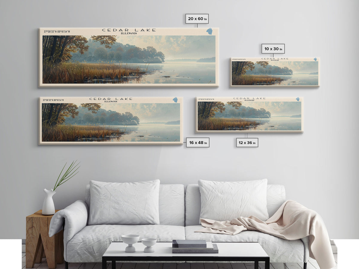 Cedar Lake Illinois Framed Canvas Print, Lake House Art, Panoramic Wide Art, Travel Poster, Minimalist Lake Painting, Home Decor