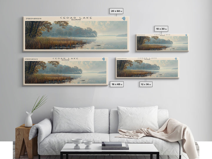 Cedar Lake Illinois Framed Canvas Print, Lake House Art, Panoramic Wide Art, Travel Poster, Minimalist Lake Painting, Home Decor