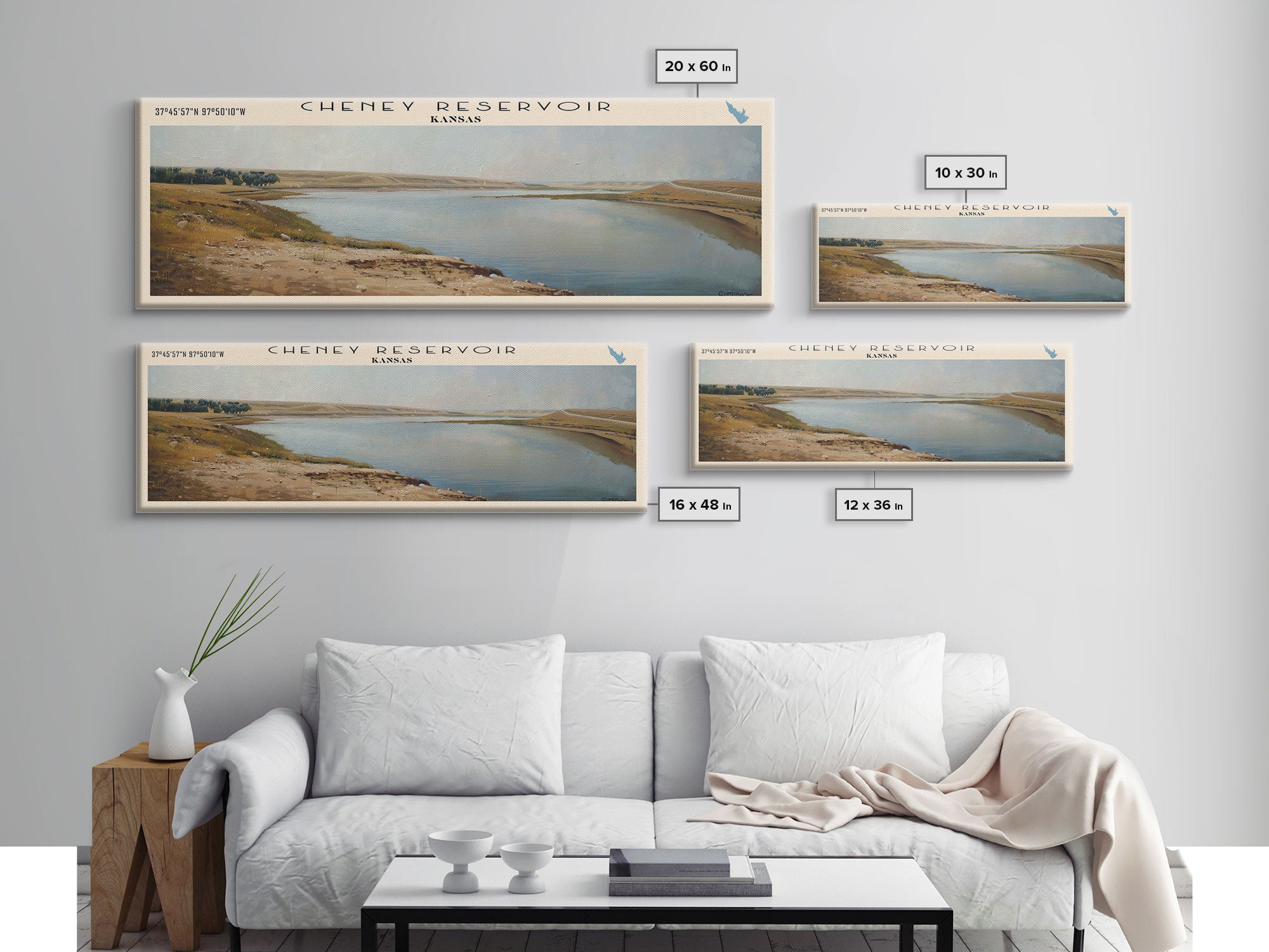 Cheney Reservoir Kansas Framed Canvas Print, Panoramic Lake House Decor, Wide Wall Art, Travel Poster, Rustic Lake Painting, Home Decor
