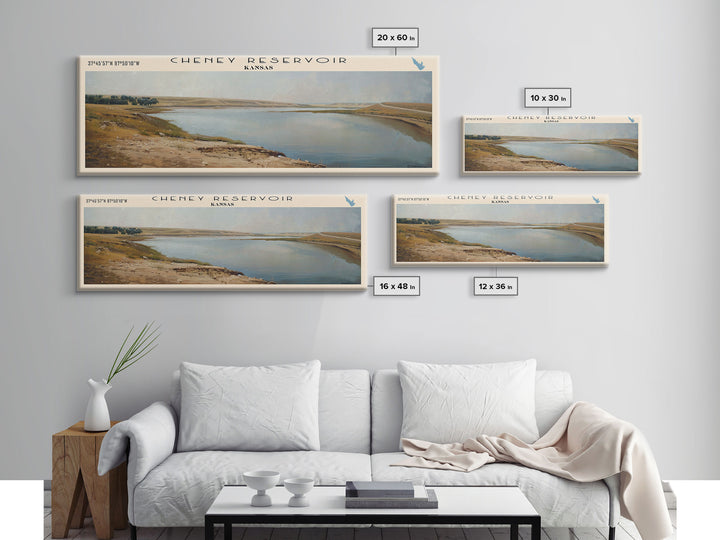 Cheney Reservoir Kansas Framed Canvas Print, Panoramic Lake House Decor, Wide Wall Art, Travel Poster, Rustic Lake Painting, Home Decor