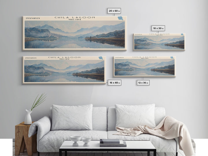 Chila Lagoon Framed Canvas Print, Panoramic Lake House Decor, Wide Wall Art, Travel Poster, Rustic Lake Painting, Home Decor