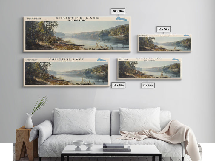 Christine Lake New Hampshire Framed Canvas Print, Lake House Art, Panoramic Wide Art, Travel Poster, Rustic Lake Painting, Home Decor