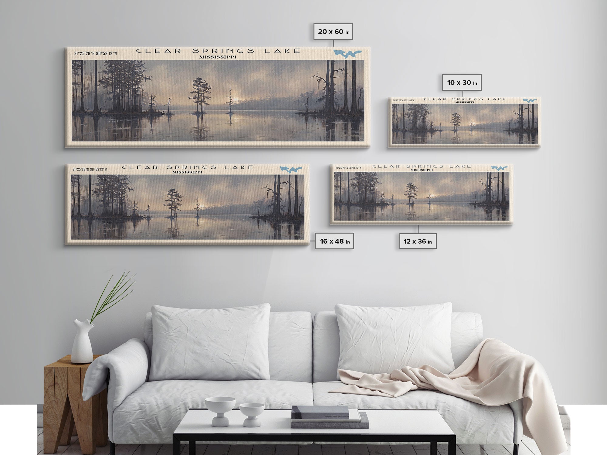 Clear Springs Lake Mississippi Framed Canvas Print, Panoramic Lake House Decor, Wide Wall Art, Travel Poster, Modern Lake Painting, Nature Art
