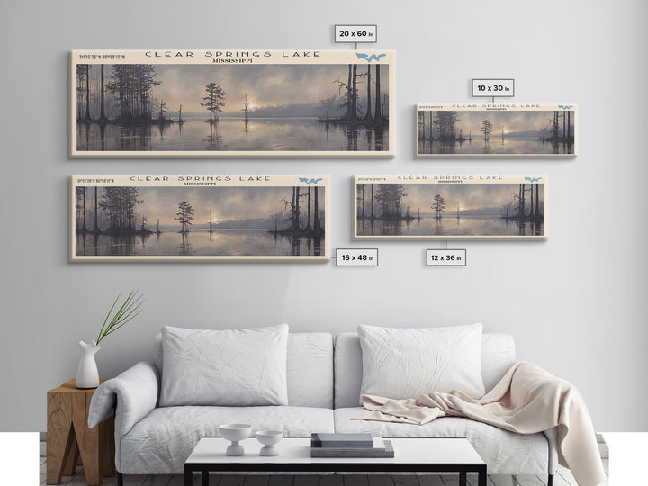 Clear Springs Lake Mississippi Framed Canvas Print, Panoramic Lake House Decor, Wide Wall Art, Travel Poster, Modern Lake Painting, Nature Art