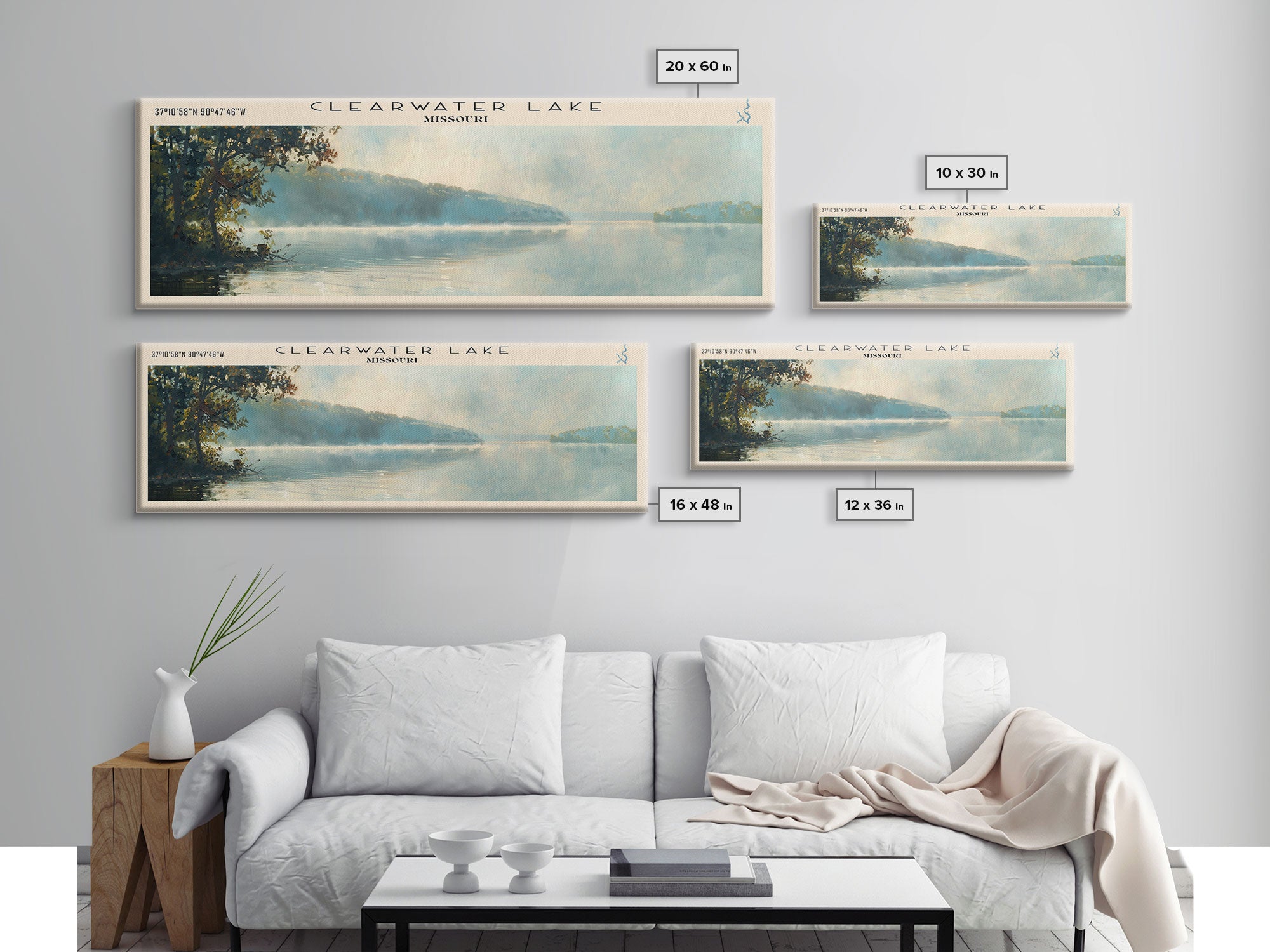 Clearwater Lake Missouri Framed Canvas Print, Lake House Decor, Panoramic Wide Art, Travel Poster, Rustic Lake Painting, Nature Art