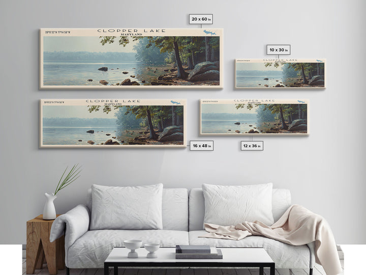 Clopper Lake Maryland Framed Canvas Print, Lake House Art, Panoramic Wide Art, Travel Poster, Minimalist Lake Painting, Home Decor