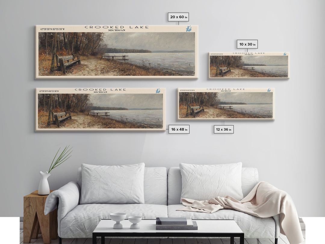 Crooked Lake Indiana Framed Canvas Print, Panoramic Lake House Decor, Wall Art, Travel Poster, Rustic Lake Painting, Nature Art