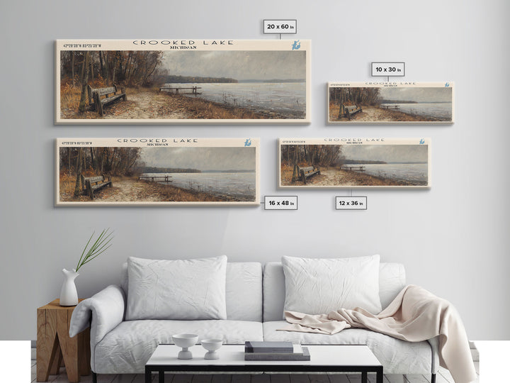 Crooked Lake Indiana Framed Canvas Print, Panoramic Lake House Decor, Wall Art, Travel Poster, Rustic Lake Painting, Nature Art