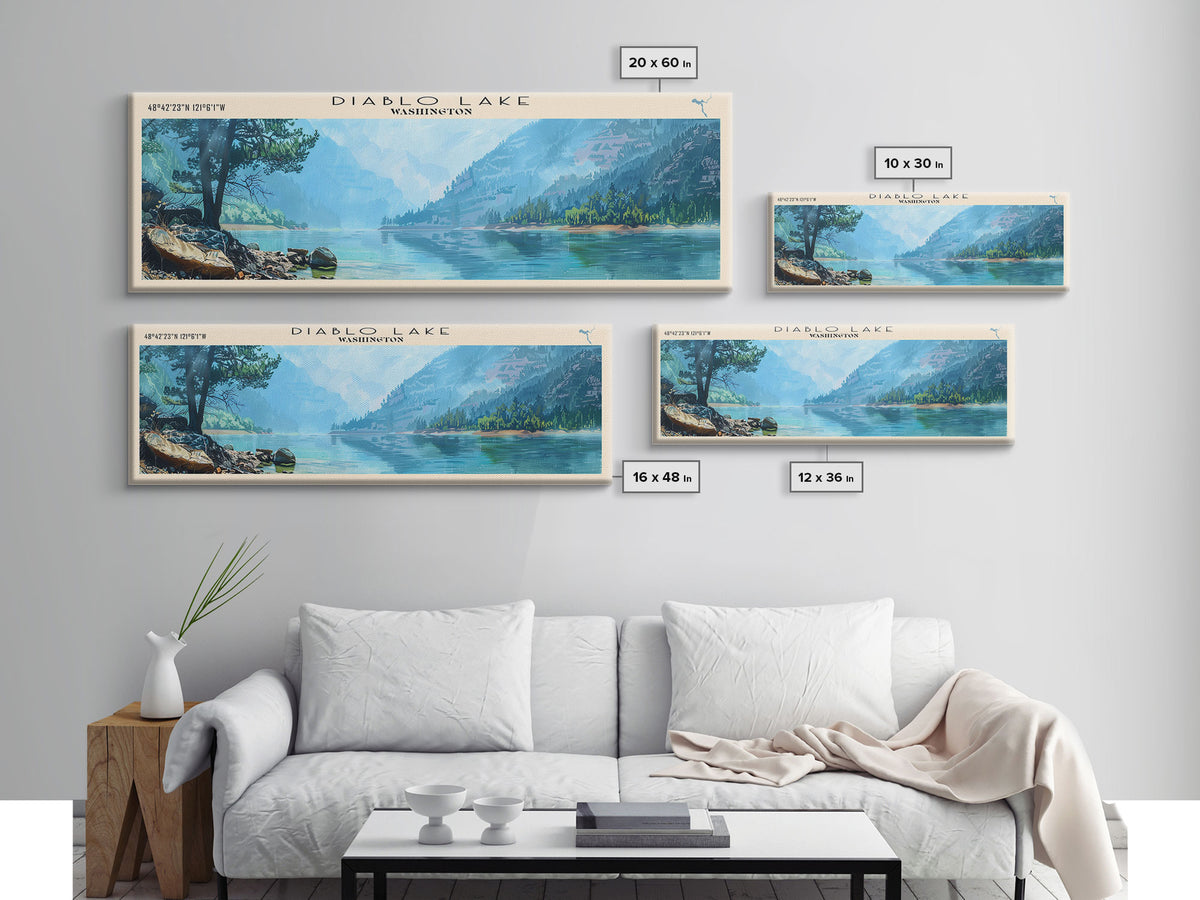 Diablo Lake Washington Framed Canvas Print, Lake House Art, Panoramic Wall Art, Travel Poster, Minimalist Lake Painting, Home Decor