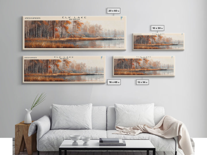 Elk Lake Michigan Framed Canvas Print, Lake House Art, Panoramic Wall Art, Travel Poster, Minimalist Lake Painting, Home Decor