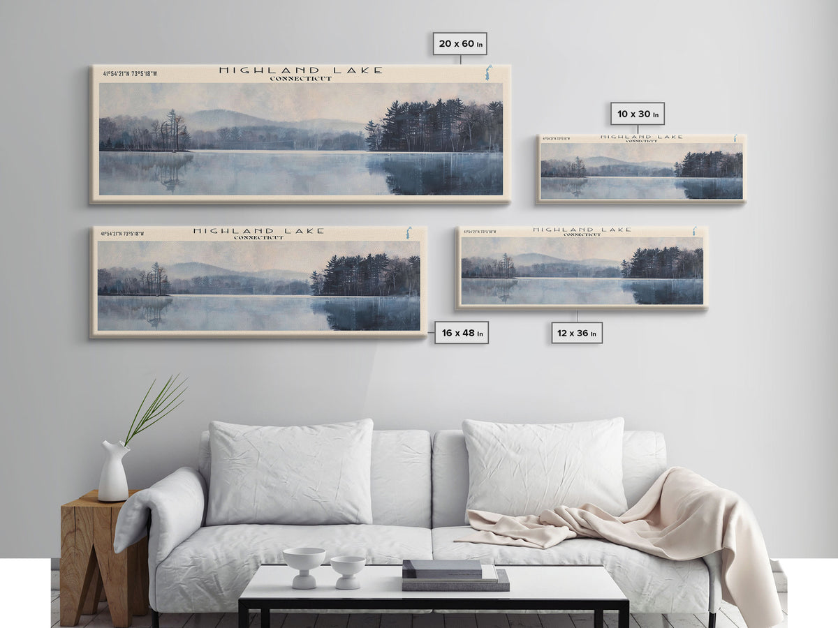 Highland Lake Connecticut Framed Canvas Print, Lake House Art, Panoramic Wall Art, Travel Poster, Scenic Lake Painting, Home Decor