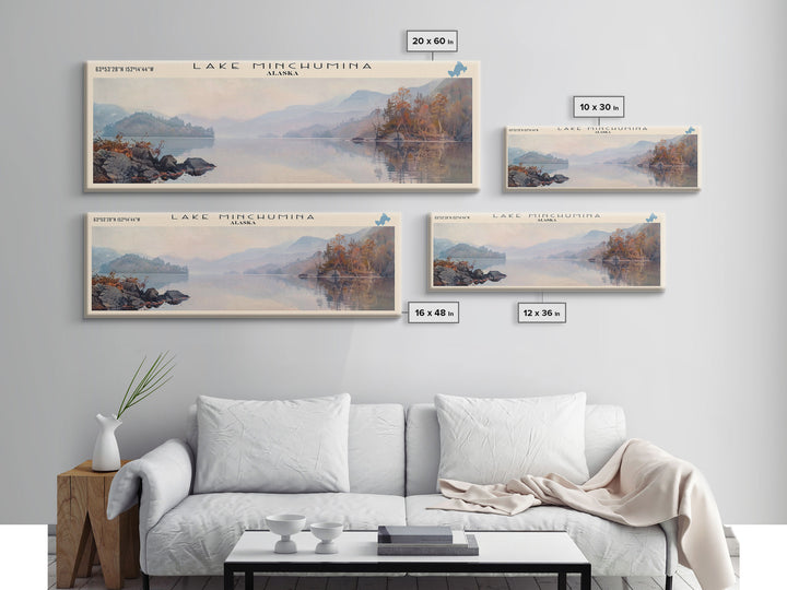 Lake Minchumina Framed Canvas Print, Lake House Decor, Panoramic Wall Art, Travel Poster, Serene Landscape Painting, Bedroom Decor