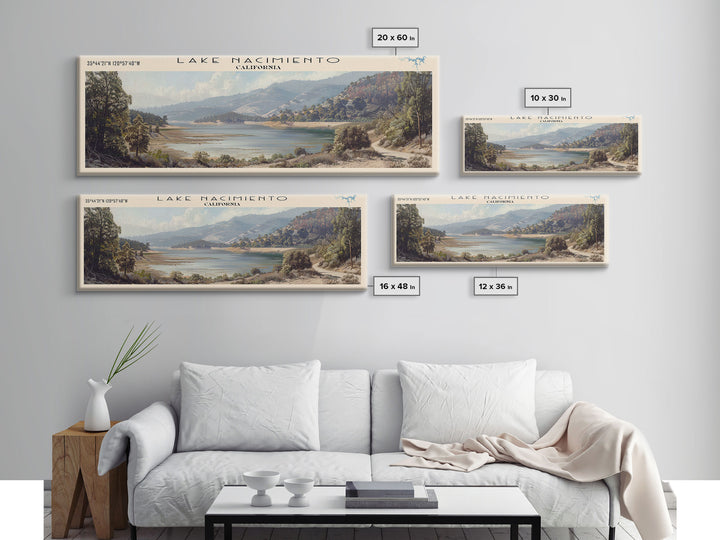Lake Nacimiento California Framed Canvas Print, Lake House Decor, Panoramic Wall Art, Travel Poster, Beautiful Landscape Painting, Modern Art