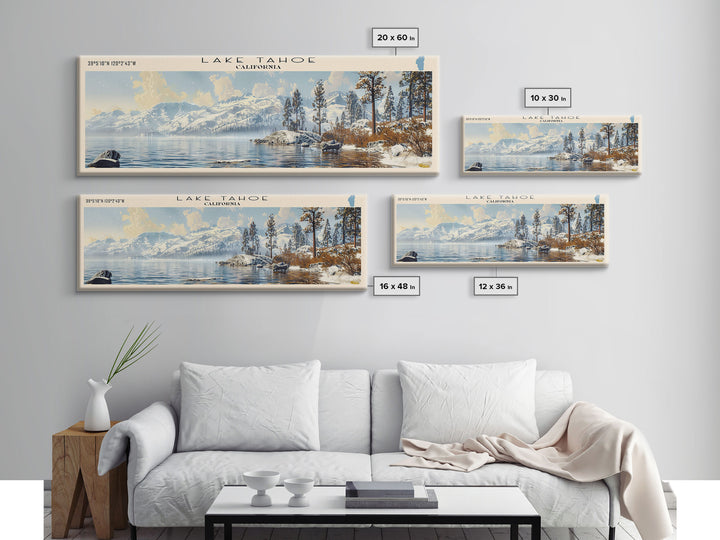 Lake Tahoe Framed Canvas Print, Lake House Decor, Panoramic Wall Art, Travel Poster, Stunning Landscape Painting, Contemporary Art
