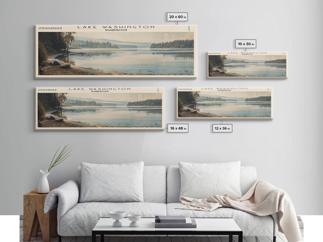 Lake Washington Framed Canvas Print, Lake House Decor, Panoramic Wall Art, Travel Poster, Scenic Landscape Painting, Bedroom Decor
