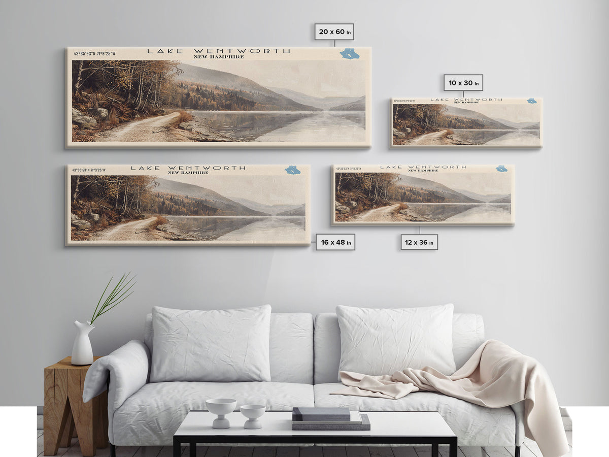 Lake Wentworth New Hampshire Framed Canvas Print, Lake House Decor, Panoramic Wall Art, Travel Poster, Scenic Landscape Painting, Rustic Art