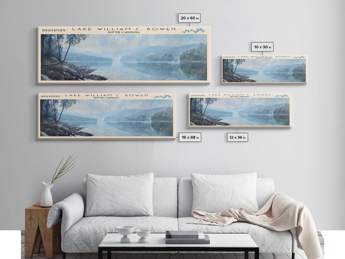 Lake William C Bowen South Carolina Framed Canvas Print, Lake House Decor, Panoramic Wall Art, Travel Poster, Landscape Painting, Bedroom Decor