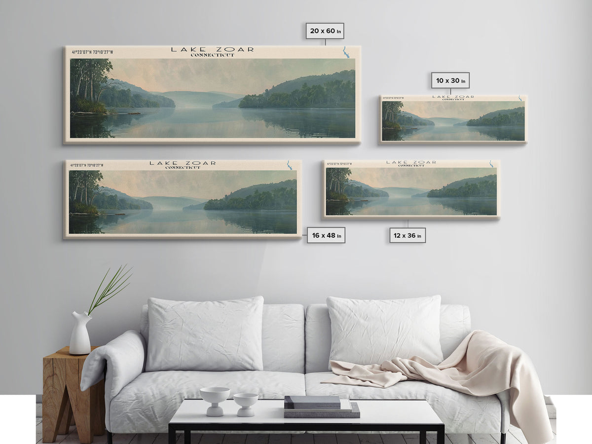 Lake Zoar Connecticut Framed Canvas Print, Lake House Decor, Panoramic Wall Art, Travel Poster, Landscape Painting, Living Room Decor