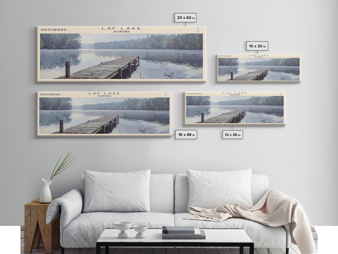 Lay Lake Alabama Framed Canvas Print, Lake House Decor, Panoramic Wall Art, Travel Poster, Beautiful Landscape Painting, Modern Art