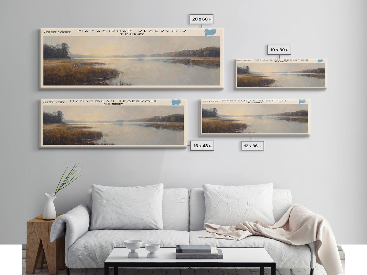 Manasquan Reservoir New Jersey Framed Canvas Print, Lake House Decor, Panoramic Wall Art, Travel Poster, Beautiful Landscape Painting, Modern Art