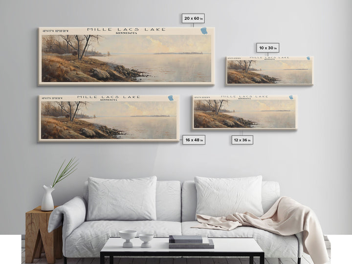 Mille Lacs Lake Framed Canvas Print, Lake House Decor, Panoramic Wall Art, Travel Poster, Landscape Painting, Contemporary Art