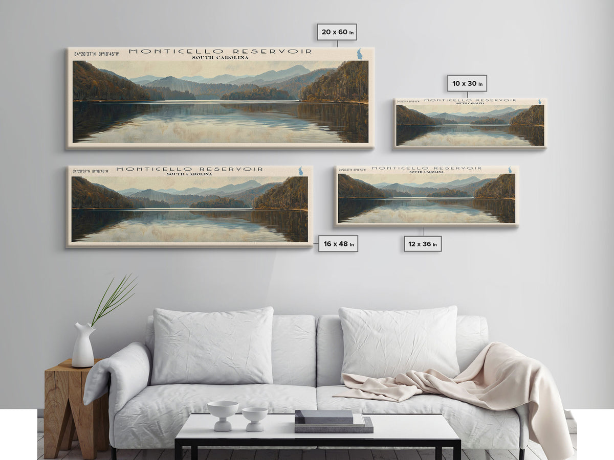 Monticello Reservoir South Carolina Framed Canvas Print, Lake House Decor, Panoramic Wall Art, Travel Poster, Scenic Landscape Painting, Contemporary Art