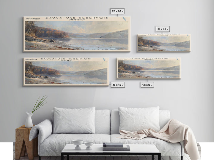 Saugatuck Reservoir Connecticut Framed Canvas Print, Lake House Decor, Panoramic Wall Art, Travel Poster, Scenic Lake Painting, Living Room Decor