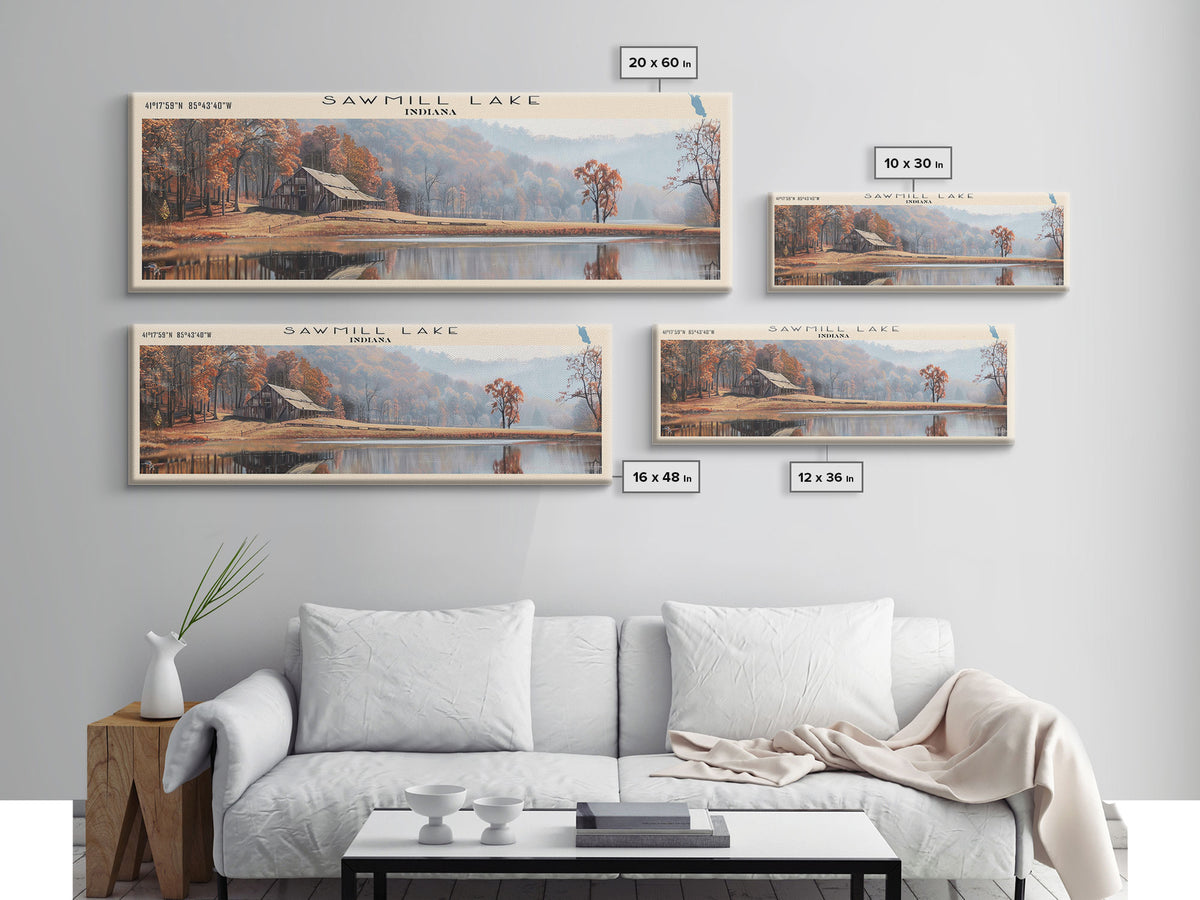 Sawmill Lake Indiana Framed Canvas Print, Lake House Decor, Panoramic Wall Art, Travel Poster, Serene Lake Painting, Bedroom Decor