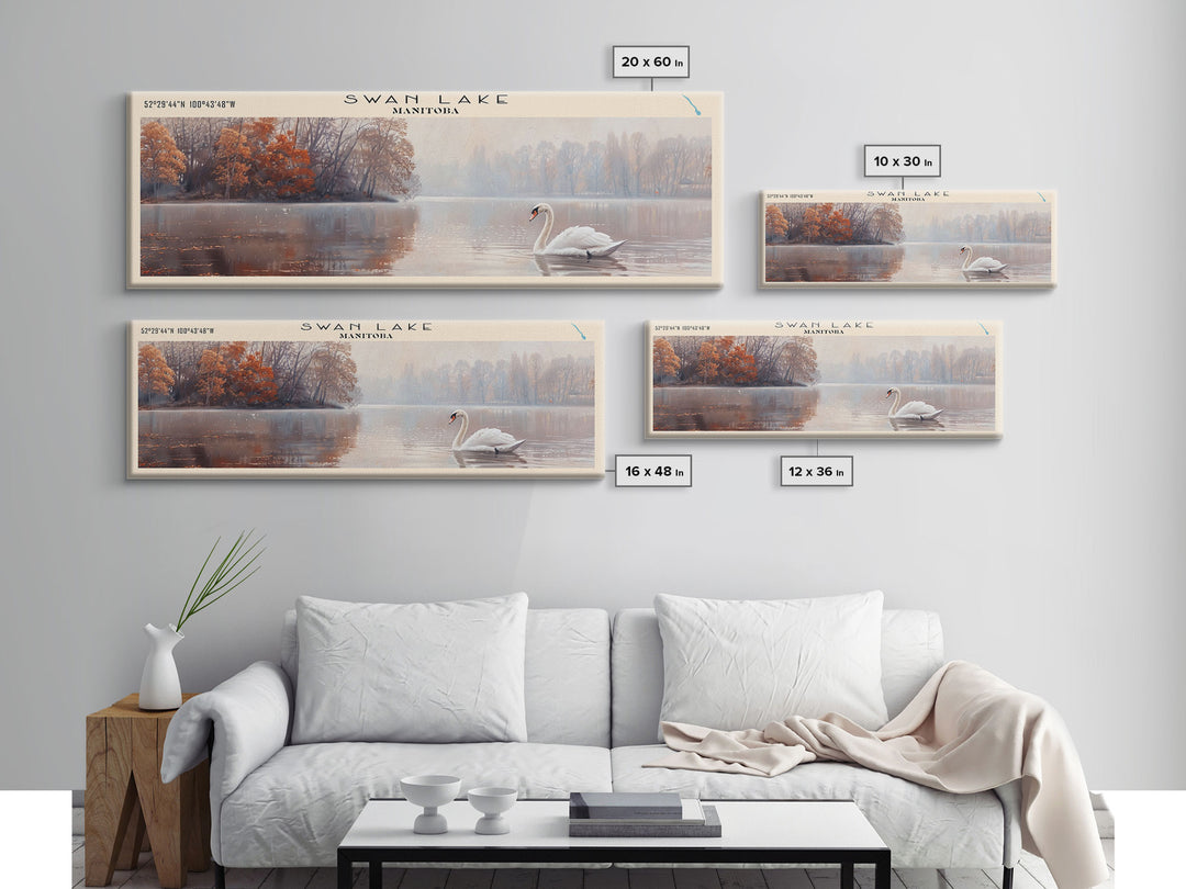 Swan Lake Panoramic Wall Art, Framed Canvas Print, Lake House Decor, Travel Poster, Scenic Lake Painting, Living Room Decor