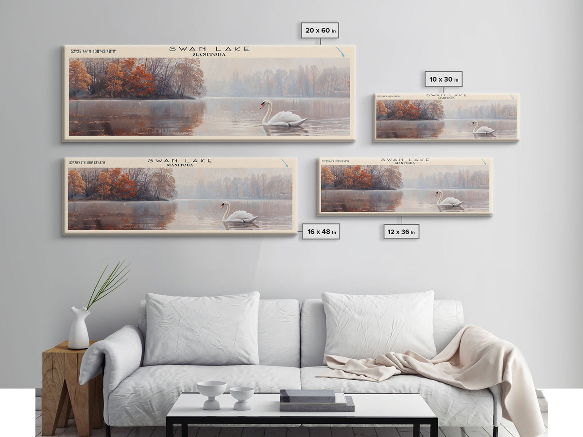 Swan Lake Panoramic Wall Art, Framed Canvas Print, Lake House Decor, Travel Poster, Scenic Lake Painting, Living Room Decor