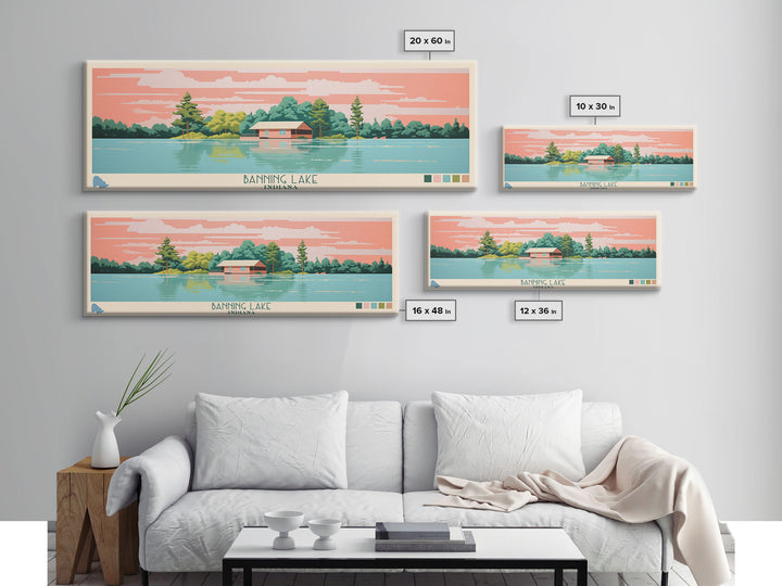 Banning Lake Indiana Framed Canvas Print, Panoramic Travel Poster, Midcentury Modern Wall Art, Pop Art, Bedroom Decor