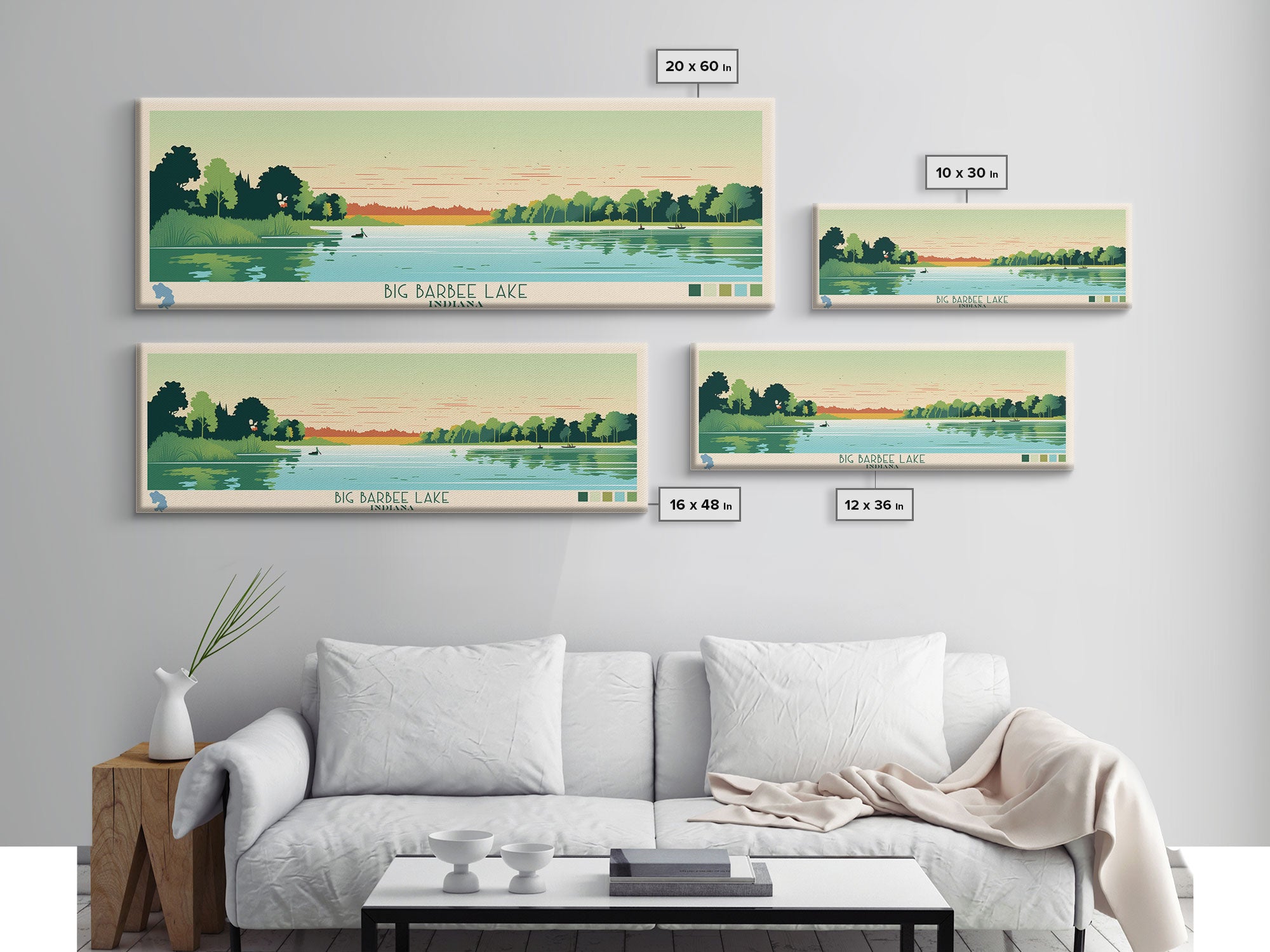 Big Barbee Lake Indiana Framed Canvas Print, Panoramic Travel Poster, Midcentury Modern Wall Art, Pop Art, Nature Living Room Art, Lake House Decor