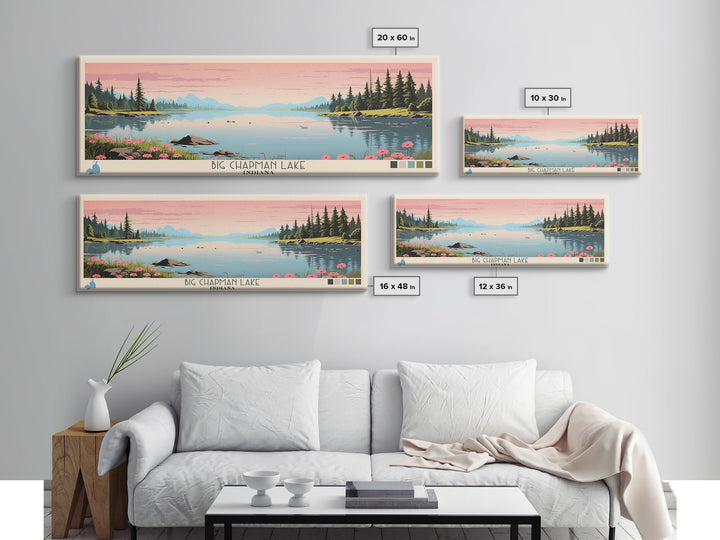 Big Chapman Lake Indiana Framed Canvas Print, Panoramic Travel Poster, Midcentury Modern Wall Art, Pop Art, Nature Lake House Art, Bedroom Decor