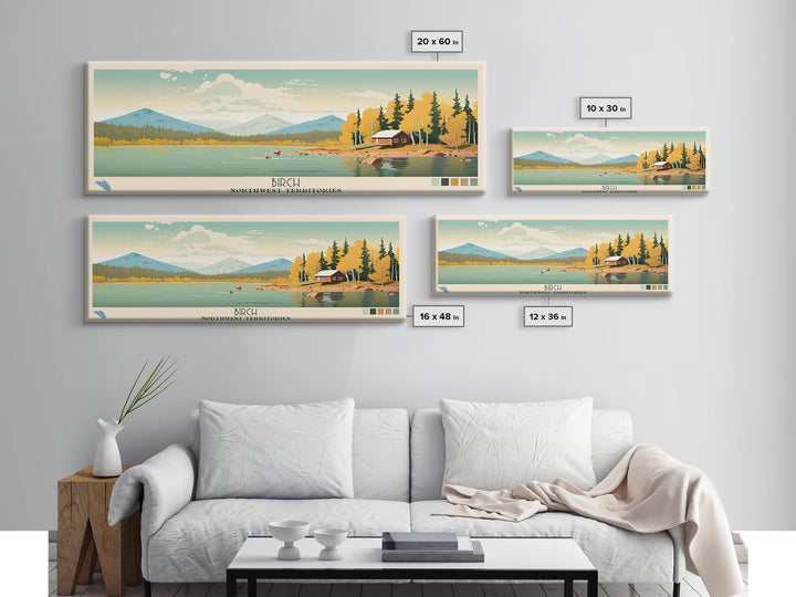 Birch Northwest Territories Framed Canvas Print, Panoramic Wall Art, Midcentury Modern, Pop Art, Travel Poster, Scenic Living Room Decor, Lake House Art