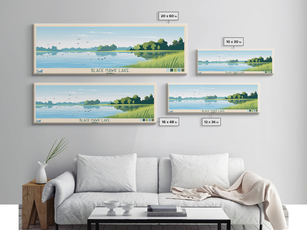 Black Hawk Lake Iowa Framed Canvas Print, Panoramic Travel Poster, Midcentury Modern Wall Art, Pop Art, Nature Bedroom Art, Scenic Lake House Decor