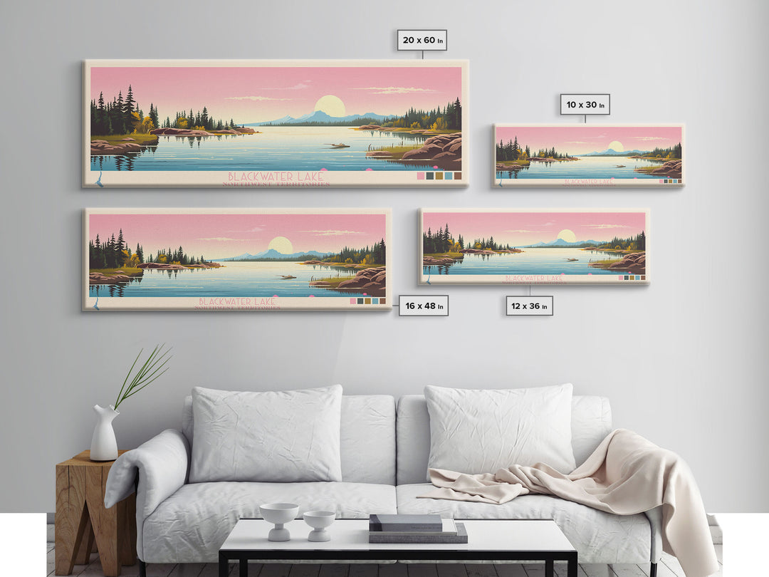 Blackwater Lake Northwest Territories Framed Canvas Print, Panoramic Wall Art, Midcentury Modern, Pop Art, Travel Poster, Scenic Living Room Art, Lake House Decor