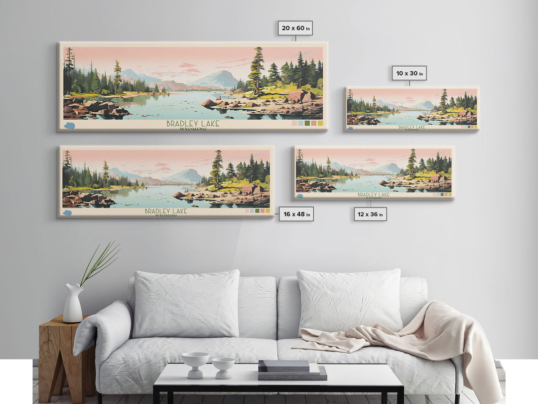 Bradley Lake Wyoming Framed Canvas Print, Midcentury Modern Panoramic Wall Art, Living Room Decor, Pop Art, Travel Poster Art