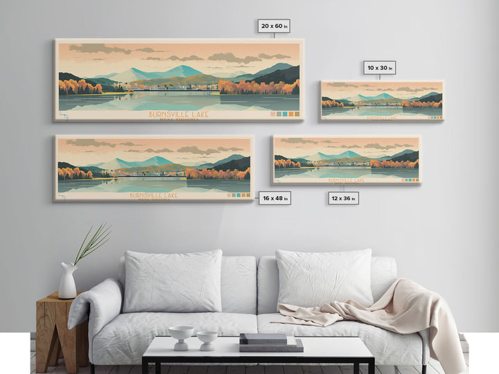 Burnsville Lake West Virginia Framed Canvas Print, Midcentury Modern Panoramic Wall Art, Living Room Decor, Pop Art, Travel Poster Art, Scenic Nature Painting