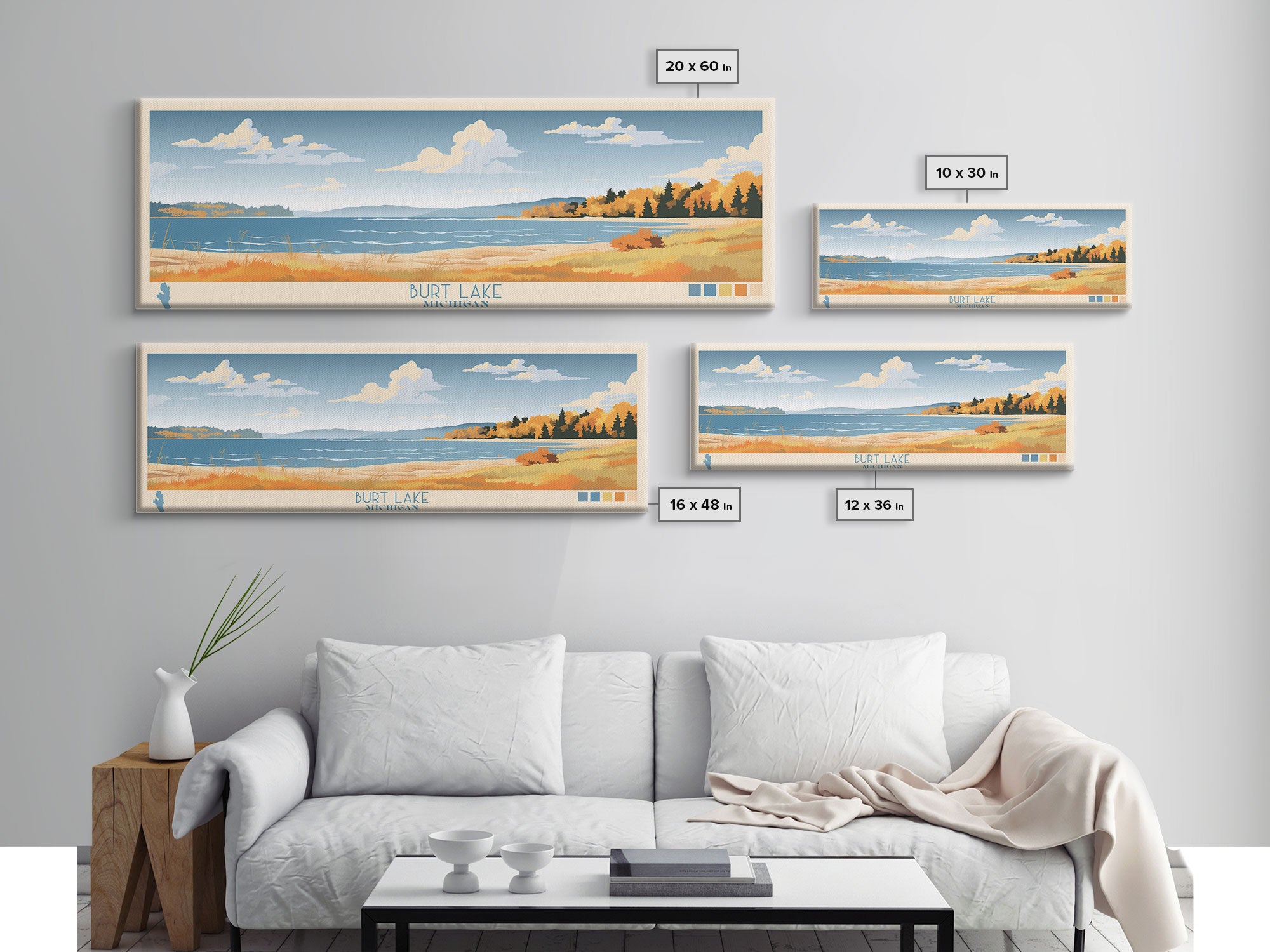 Burt Lake Michigan Framed Canvas Print, Pop Art Panoramic Travel Poster, Midcentury Modern, Wall Art, Scenic Nature Painting, Bedroom Decor