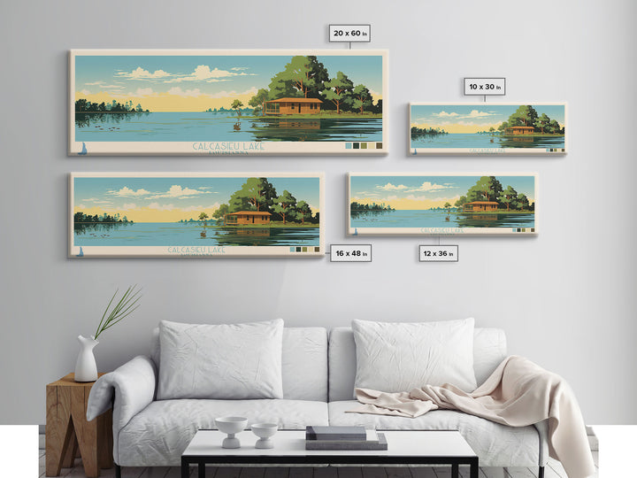 Calcasieu Lake Louisianna Framed Canvas Print, Pop Art Panoramic Travel Poster, Midcentury Modern, Wall Art, Scenic Nature Painting, Bedroom Decor