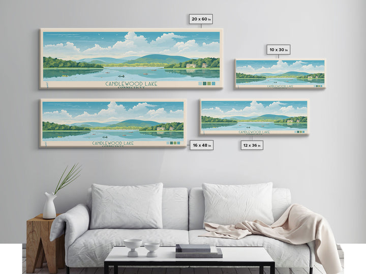 Candlewood Lake Connecticut Framed Canvas Print, Pop Art Panoramic Travel Poster, Midcentury Modern, Wall Art, Scenic Nature Painting, Bedroom Decor