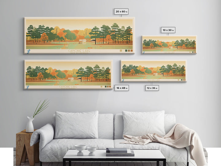 Canobie Lake New Hamphire Framed Canvas Print, Midcentury Modern Panoramic Wall Art, Living Room Decor, Pop Art, Travel Poster Art, Scenic Nature Painting