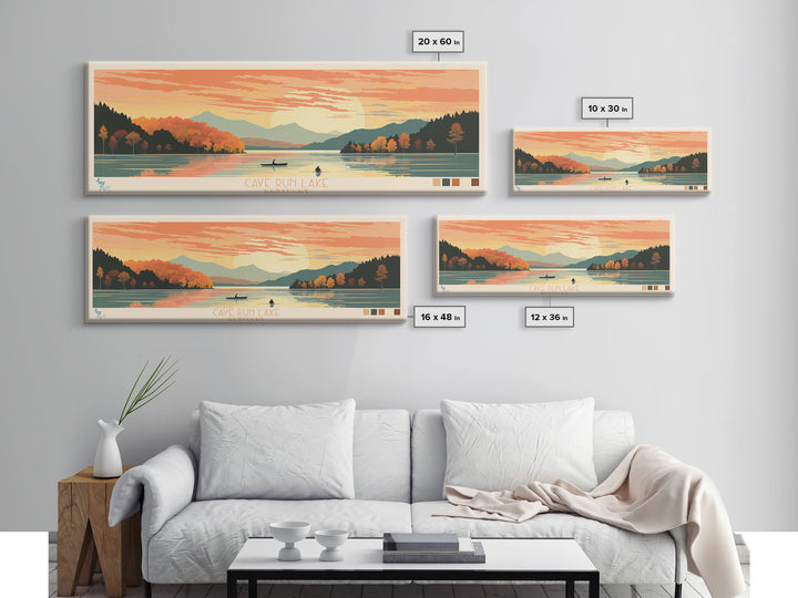 Cave Run Lake Kentucky Framed Canvas Print, Midcentury Modern Panoramic Wall Art, Living Room Decor, Pop Art, Travel Poster Art, Nature Art, Lake House Decor