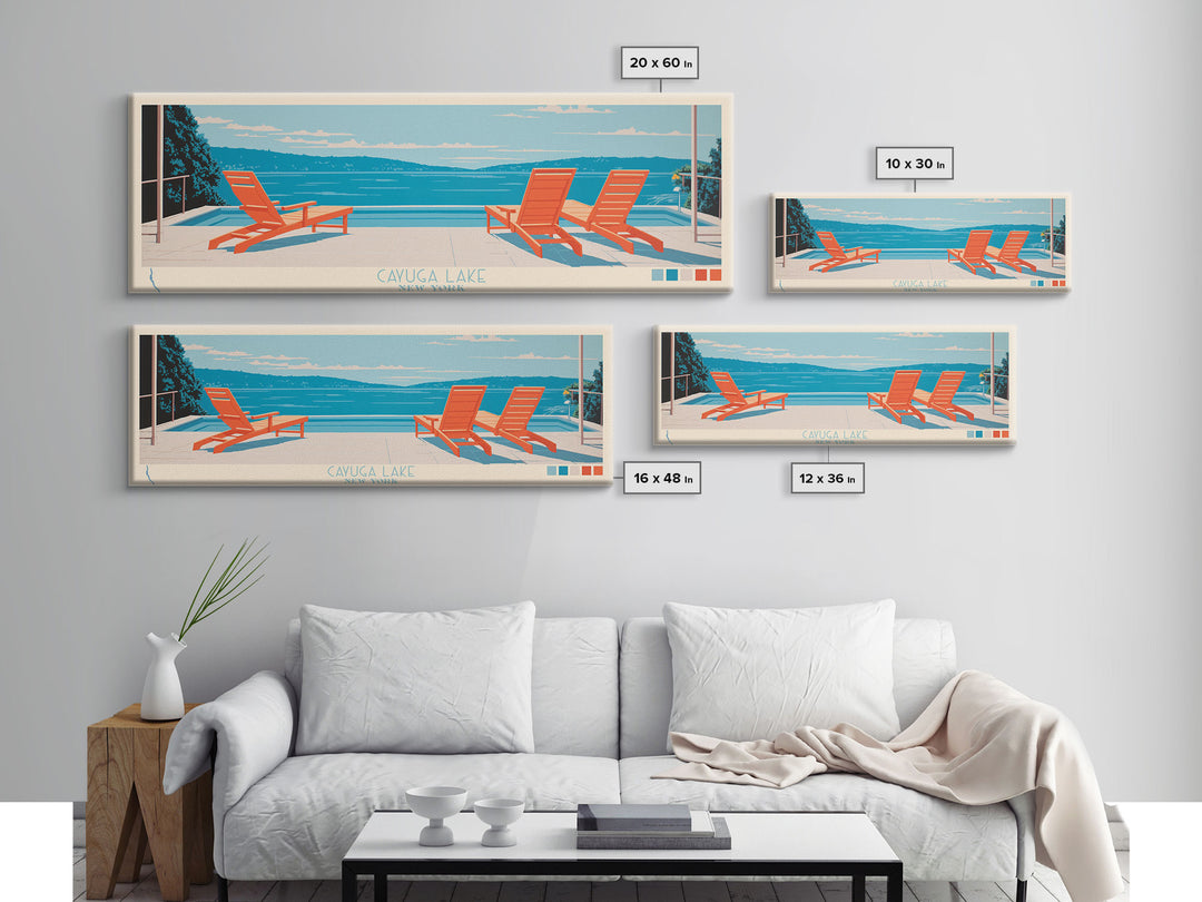 Cayuga Lake New York Framed Canvas Print, Pop Art Panoramic Travel Poster, Midcentury Modern, Wall Art, Scenic Nature Painting, Bedroom Decor, Living Room Art