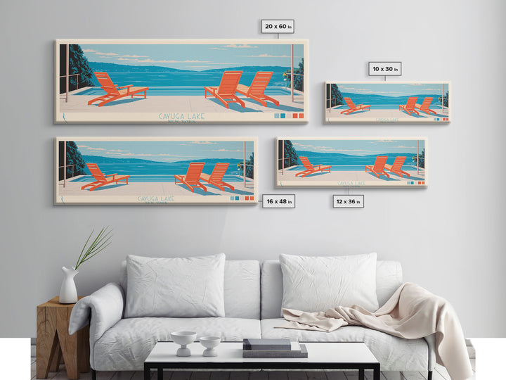 Cayuga Lake New York Framed Canvas Print, Pop Art Panoramic Travel Poster, Midcentury Modern, Wall Art, Scenic Nature Painting, Bedroom Decor, Living Room Art