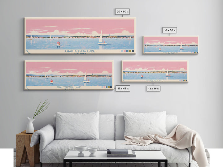 Chautauqua Lake New York Framed Canvas Print, Pop Art Panoramic Travel Poster, Midcentury Modern, Wall Art, Scenic Nature Painting, Bedroom Decor, Living Room Art