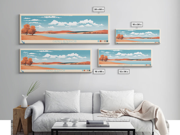 Cheney Reservoir Kansas Framed Canvas Print, Midcentury Modern Panoramic Wall Art, Living Room Decor, Pop Art, Travel Poster Art, Scenic Nature Painting, Lake House Decor
