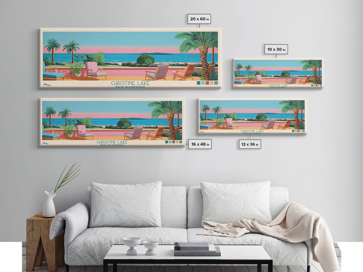 Christine Lake New Hamphire Framed Canvas Print, Pop Art Panoramic Travel Poster, Midcentury Modern, Wall Art, Scenic Nature Painting, Bedroom Decor, Living Room Art