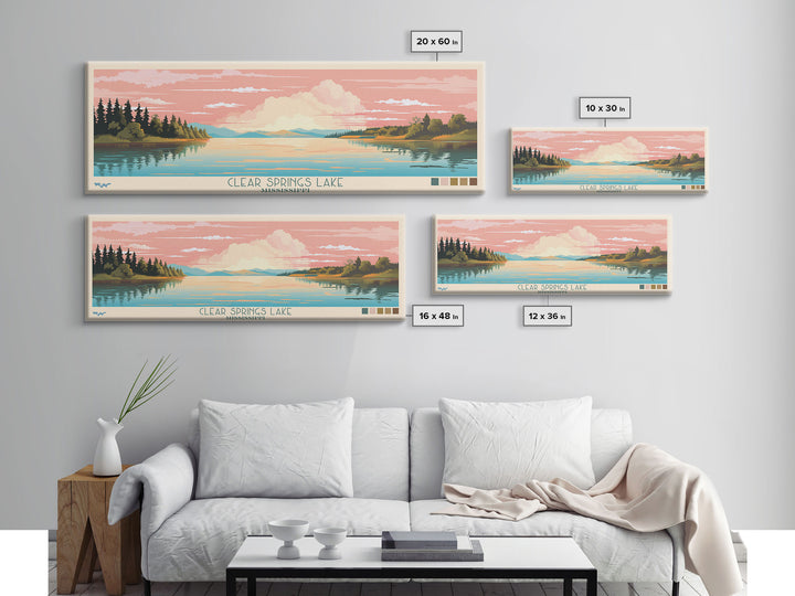 Clear Springs Lake Mississippi Framed Canvas Print, Pop Art Panoramic Travel Poster, Midcentury Modern, Wall Art, Scenic Nature Painting, Bedroom Decor, Living Room Art