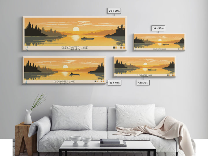 Clearwater Lake Missouri Framed Canvas Print, Pop Art Panoramic Travel Poster, Midcentury Modern, Wall Art, Scenic Nature Painting, Bedroom Decor, Living Room Art